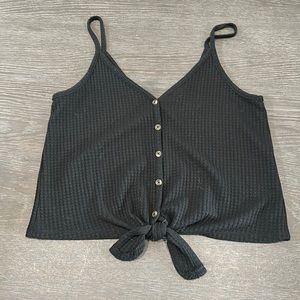 black waffle button down tank top with front tie